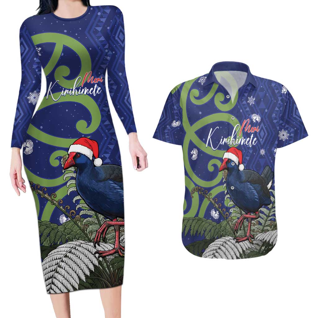 Personalized New Zealand Pukeko Christmas Couples Matching Long Sleeve Bodycon Dress and Hawaiian Shirt Meri Kirihimete Taniko Ponga Koru Blue - Aussie Hoodie
