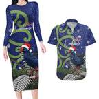 Personalized New Zealand Pukeko Christmas Couples Matching Long Sleeve Bodycon Dress and Hawaiian Shirt Meri Kirihimete Taniko Ponga Koru Blue - Aussie Hoodie