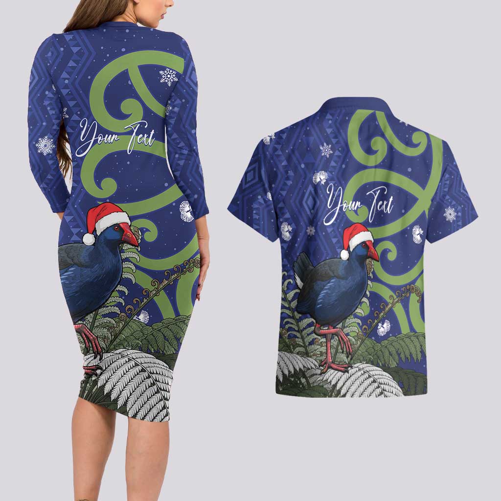 Personalized New Zealand Pukeko Christmas Couples Matching Long Sleeve Bodycon Dress and Hawaiian Shirt Meri Kirihimete Taniko Ponga Koru Blue - Aussie Hoodie