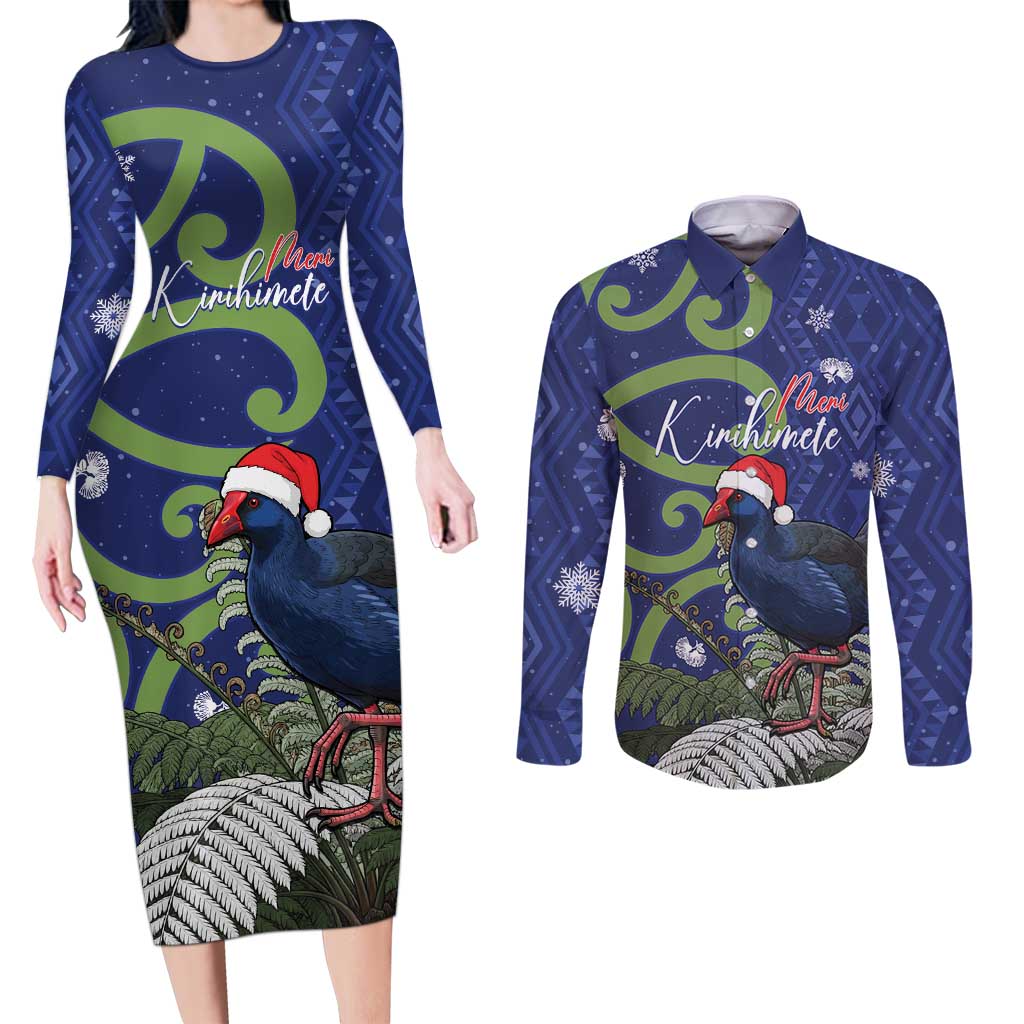 Personalized New Zealand Pukeko Christmas Couples Matching Long Sleeve Bodycon Dress and Long Sleeve Button Shirt Meri Kirihimete Taniko Ponga Koru Blue - Aussie Hoodie