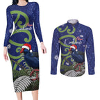 Personalized New Zealand Pukeko Christmas Couples Matching Long Sleeve Bodycon Dress and Long Sleeve Button Shirt Meri Kirihimete Taniko Ponga Koru Blue - Aussie Hoodie