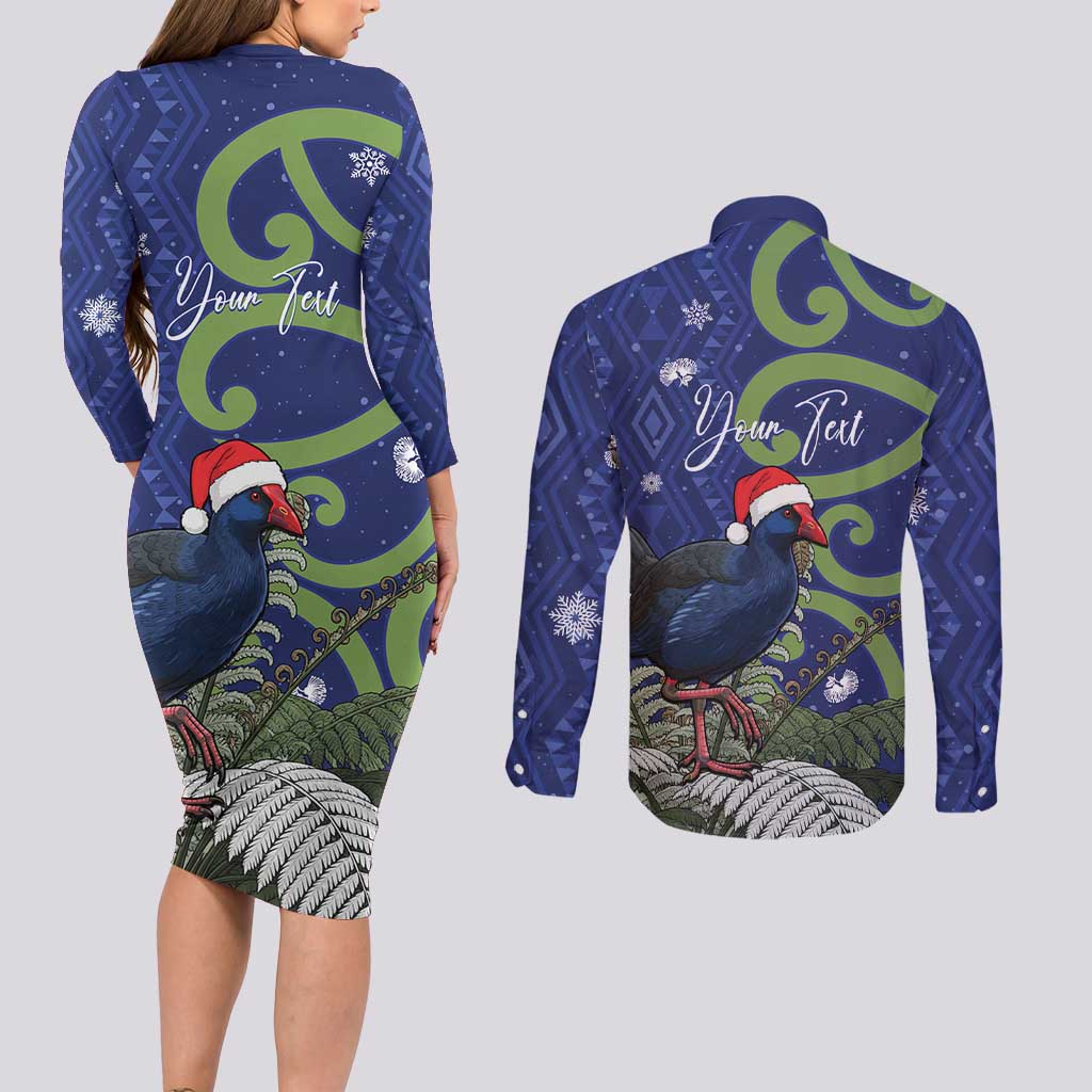 Personalized New Zealand Pukeko Christmas Couples Matching Long Sleeve Bodycon Dress and Long Sleeve Button Shirt Meri Kirihimete Taniko Ponga Koru Blue - Aussie Hoodie
