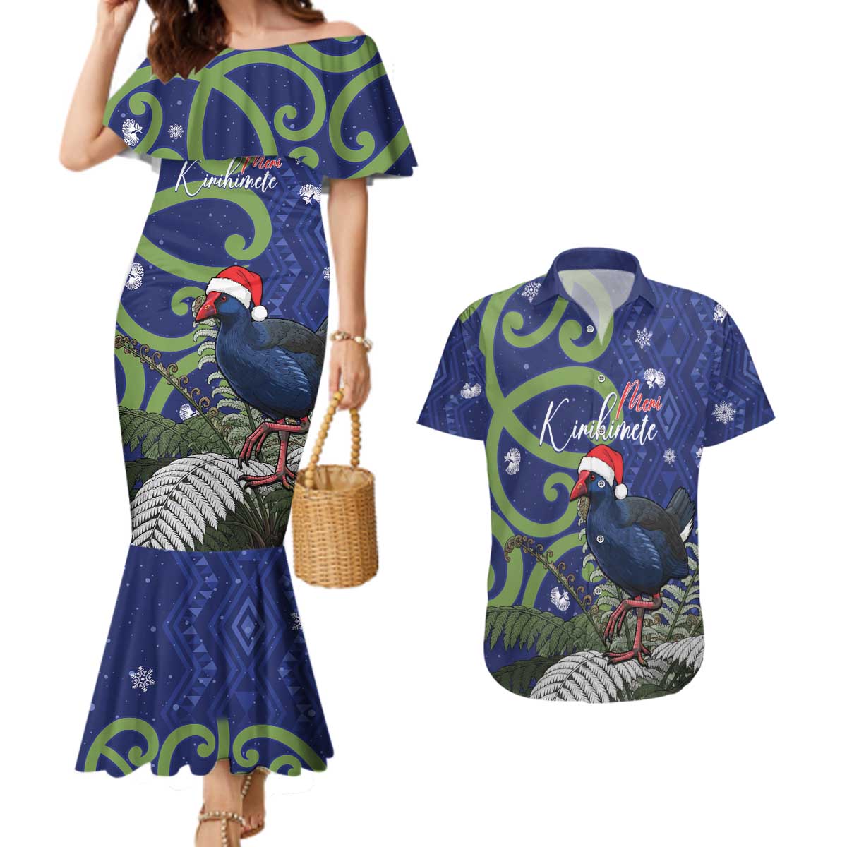 Personalized New Zealand Pukeko Christmas Couples Matching Mermaid Dress and Hawaiian Shirt Meri Kirihimete Taniko Ponga Koru Blue - Aussie Hoodie