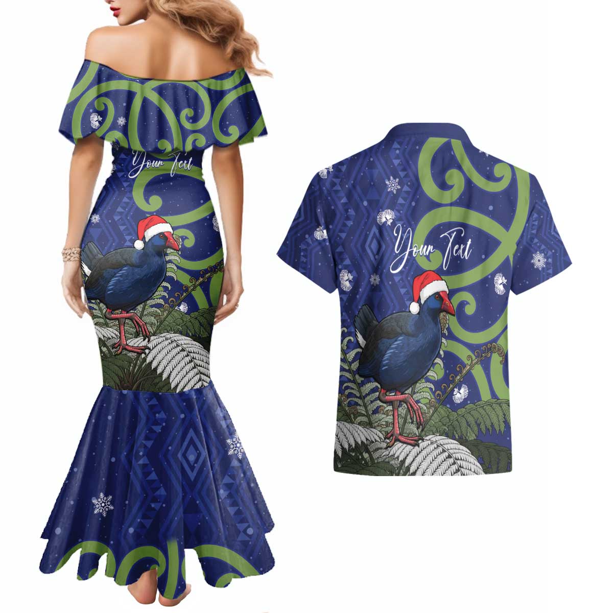 Personalized New Zealand Pukeko Christmas Couples Matching Mermaid Dress and Hawaiian Shirt Meri Kirihimete Taniko Ponga Koru Blue - Aussie Hoodie