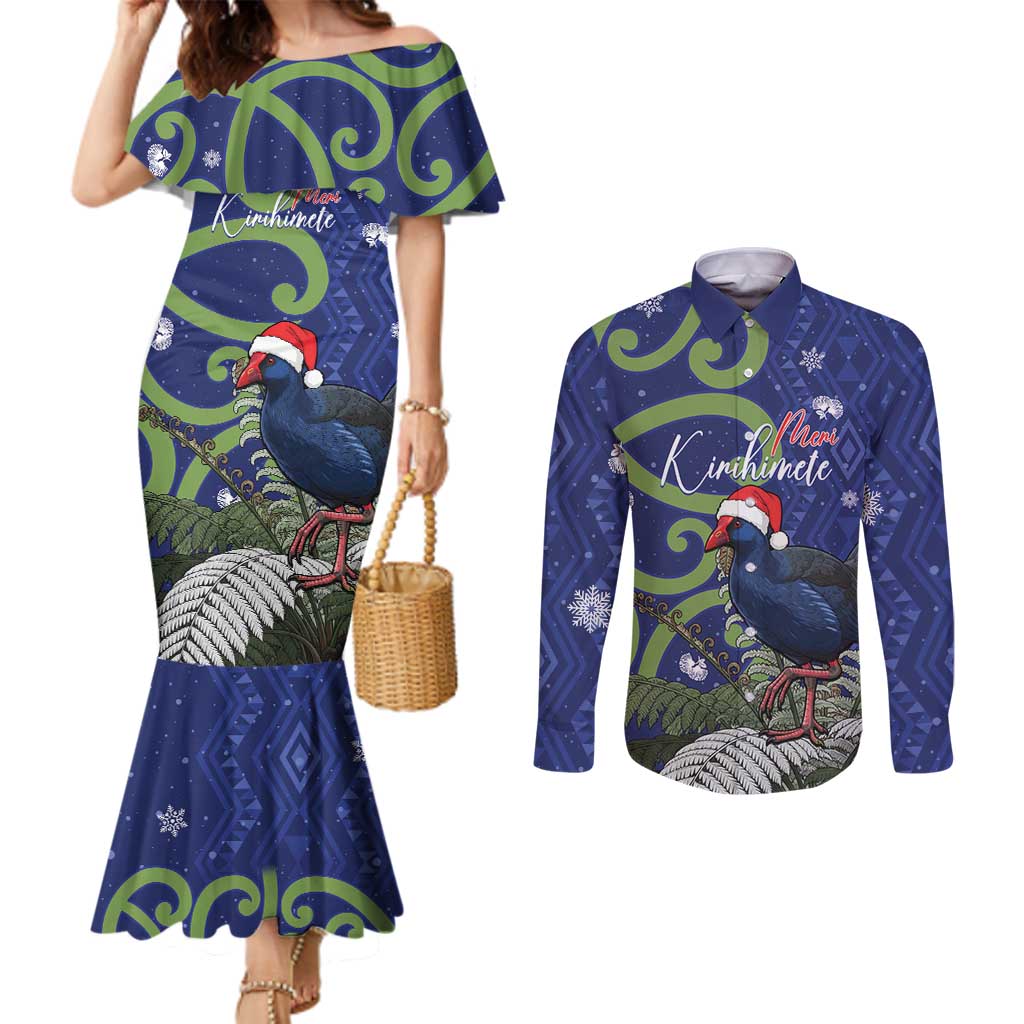 Personalized New Zealand Pukeko Christmas Couples Matching Mermaid Dress and Long Sleeve Button Shirt Meri Kirihimete Taniko Ponga Koru Blue - Aussie Hoodie