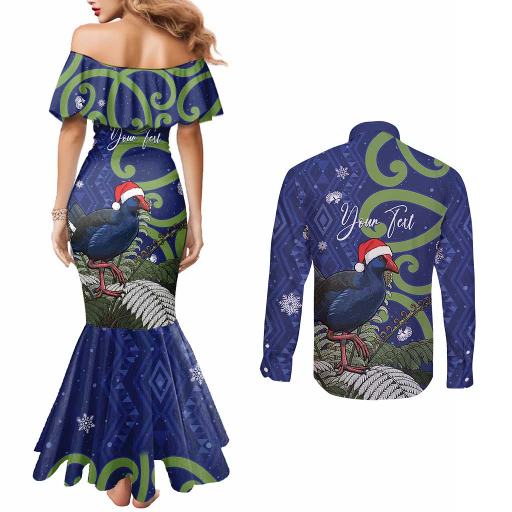Personalized New Zealand Pukeko Christmas Couples Matching Mermaid Dress and Long Sleeve Button Shirt Meri Kirihimete Taniko Ponga Koru Blue - Aussie Hoodie