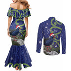 Personalized New Zealand Pukeko Christmas Couples Matching Mermaid Dress and Long Sleeve Button Shirt Meri Kirihimete Taniko Ponga Koru Blue - Aussie Hoodie