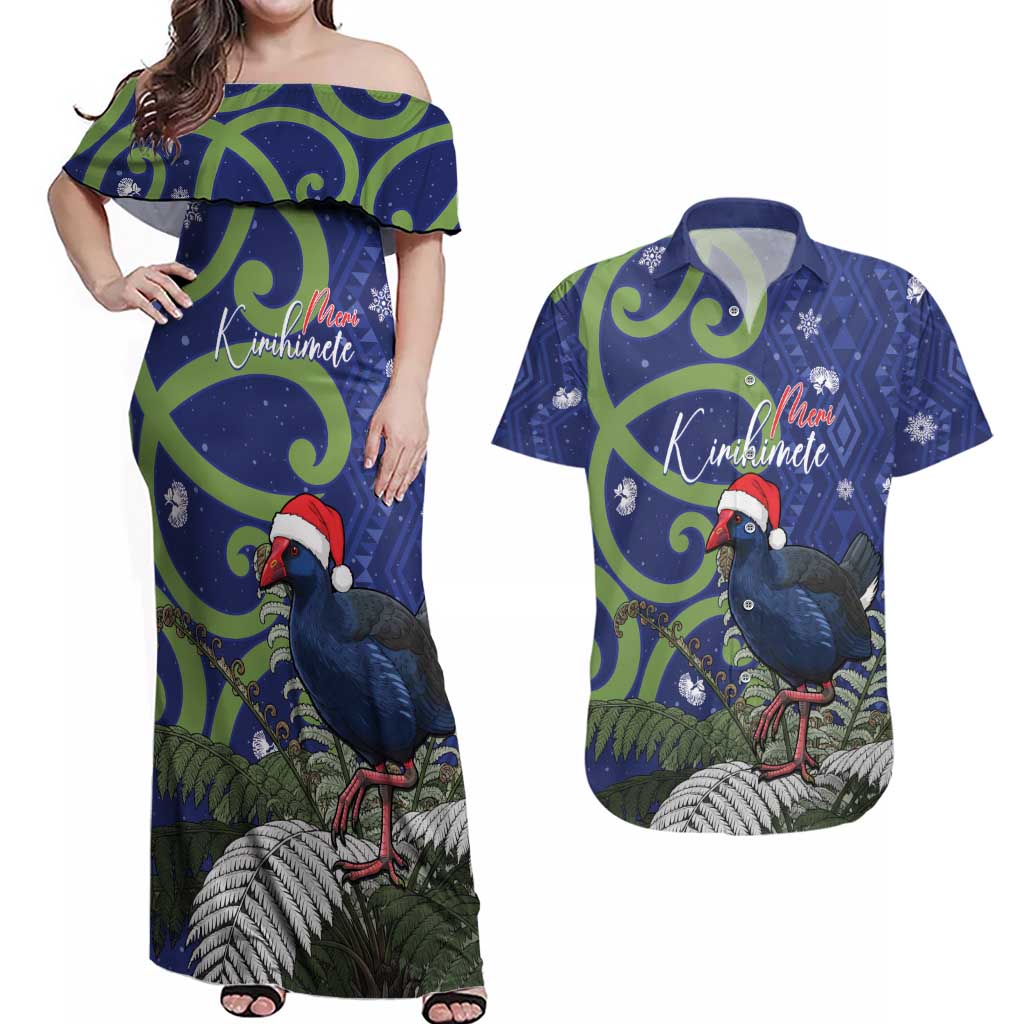 Personalized New Zealand Pukeko Christmas Couples Matching Off Shoulder Maxi Dress and Hawaiian Shirt Meri Kirihimete Taniko Ponga Koru Blue - Aussie Hoodie