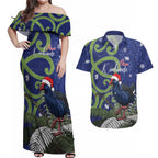 Personalized New Zealand Pukeko Christmas Couples Matching Off Shoulder Maxi Dress and Hawaiian Shirt Meri Kirihimete Taniko Ponga Koru Blue - Aussie Hoodie