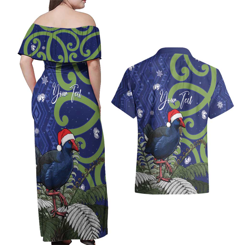 Personalized New Zealand Pukeko Christmas Couples Matching Off Shoulder Maxi Dress and Hawaiian Shirt Meri Kirihimete Taniko Ponga Koru Blue - Aussie Hoodie