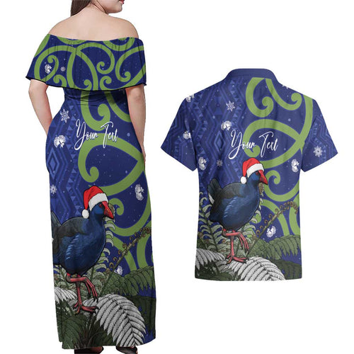 Personalized New Zealand Pukeko Christmas Couples Matching Off Shoulder Maxi Dress and Hawaiian Shirt Meri Kirihimete Taniko Ponga Koru Blue - Aussie Hoodie