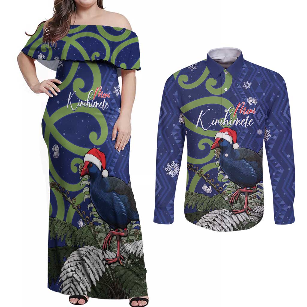 Personalized New Zealand Pukeko Christmas Couples Matching Off Shoulder Maxi Dress and Long Sleeve Button Shirt Meri Kirihimete Taniko Ponga Koru Blue - Aussie Hoodie