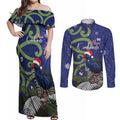 Personalized New Zealand Pukeko Christmas Couples Matching Off Shoulder Maxi Dress and Long Sleeve Button Shirt Meri Kirihimete Taniko Ponga Koru Blue - Aussie Hoodie
