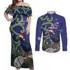 Personalized New Zealand Pukeko Christmas Couples Matching Off Shoulder Maxi Dress and Long Sleeve Button Shirt Meri Kirihimete Taniko Ponga Koru Blue - Aussie Hoodie