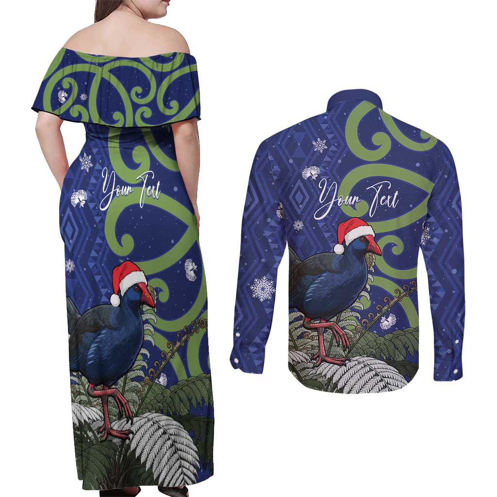 Personalized New Zealand Pukeko Christmas Couples Matching Off Shoulder Maxi Dress and Long Sleeve Button Shirt Meri Kirihimete Taniko Ponga Koru Blue - Aussie Hoodie