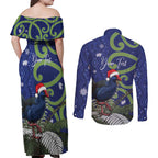 Personalized New Zealand Pukeko Christmas Couples Matching Off Shoulder Maxi Dress and Long Sleeve Button Shirt Meri Kirihimete Taniko Ponga Koru Blue - Aussie Hoodie