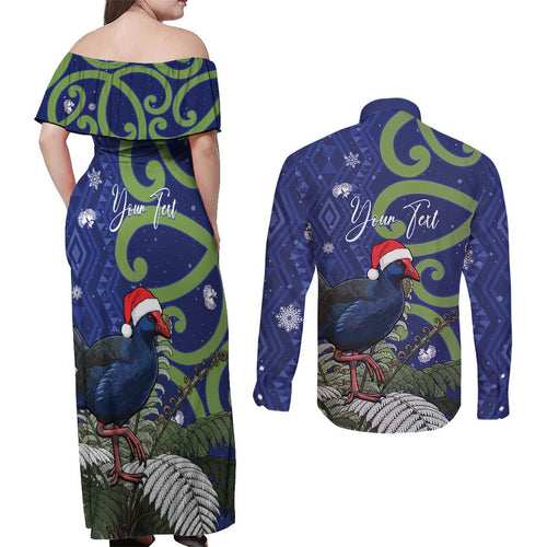 Personalized New Zealand Pukeko Christmas Couples Matching Off Shoulder Maxi Dress and Long Sleeve Button Shirt Meri Kirihimete Taniko Ponga Koru Blue - Aussie Hoodie