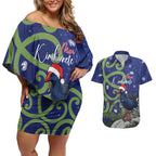 Personalized New Zealand Pukeko Christmas Couples Matching Off Shoulder Short Dress and Hawaiian Shirt Meri Kirihimete Taniko Ponga Koru Blue - Aussie Hoodie