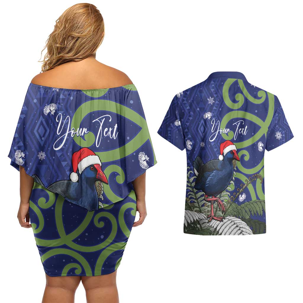 Personalized New Zealand Pukeko Christmas Couples Matching Off Shoulder Short Dress and Hawaiian Shirt Meri Kirihimete Taniko Ponga Koru Blue - Aussie Hoodie