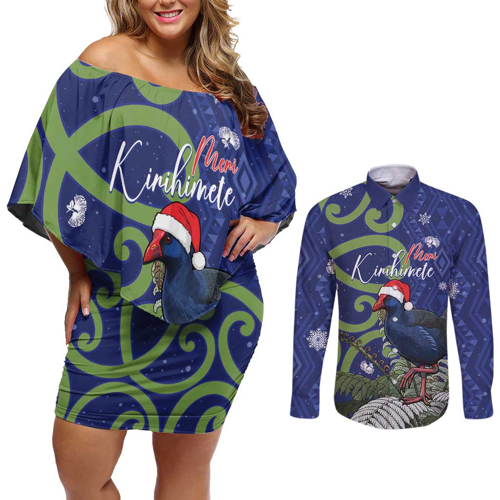 Personalized New Zealand Pukeko Christmas Couples Matching Off Shoulder Short Dress and Long Sleeve Button Shirt Meri Kirihimete Taniko Ponga Koru Blue - Aussie Hoodie