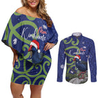 Personalized New Zealand Pukeko Christmas Couples Matching Off Shoulder Short Dress and Long Sleeve Button Shirt Meri Kirihimete Taniko Ponga Koru Blue - Aussie Hoodie