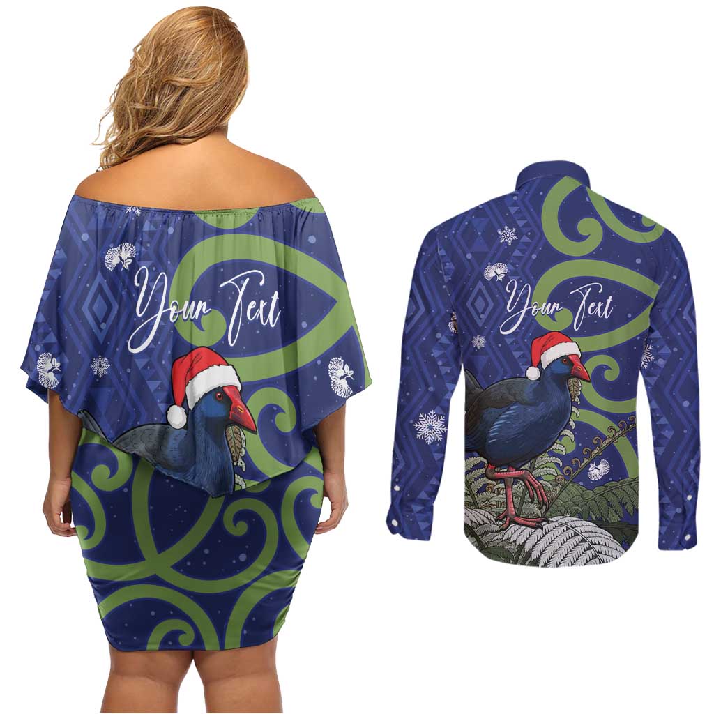Personalized New Zealand Pukeko Christmas Couples Matching Off Shoulder Short Dress and Long Sleeve Button Shirt Meri Kirihimete Taniko Ponga Koru Blue - Aussie Hoodie