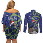 Personalized New Zealand Pukeko Christmas Couples Matching Off Shoulder Short Dress and Long Sleeve Button Shirt Meri Kirihimete Taniko Ponga Koru Blue - Aussie Hoodie