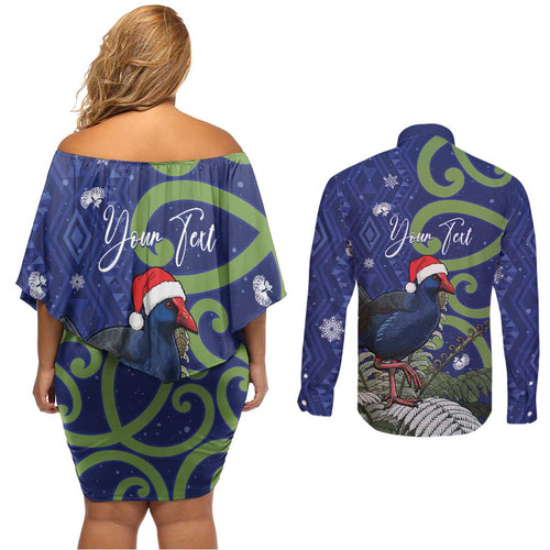 Personalized New Zealand Pukeko Christmas Couples Matching Off Shoulder Short Dress and Long Sleeve Button Shirt Meri Kirihimete Taniko Ponga Koru Blue - Aussie Hoodie
