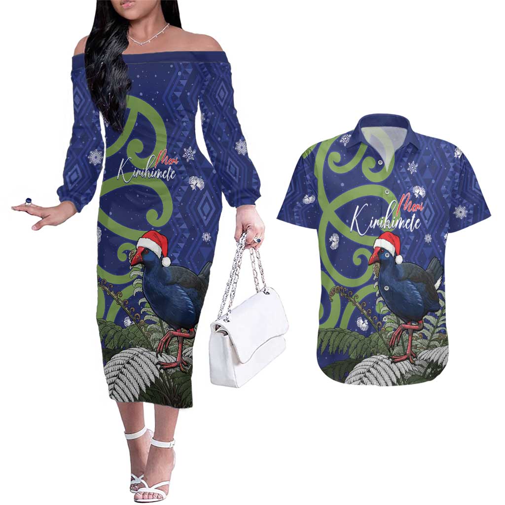 Personalized New Zealand Pukeko Christmas Couples Matching Off The Shoulder Long Sleeve Dress and Hawaiian Shirt Meri Kirihimete Taniko Ponga Koru Blue - Aussie Hoodie