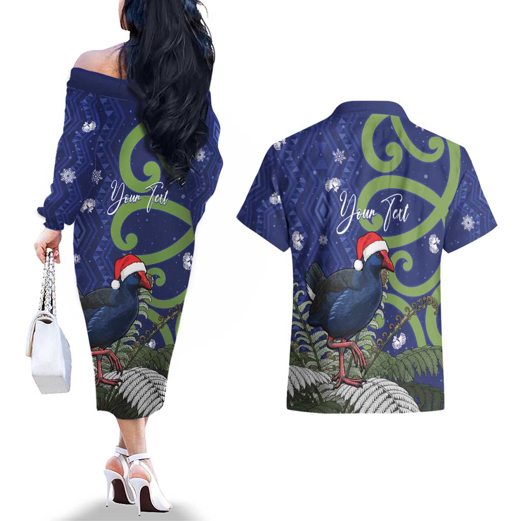 Personalized New Zealand Pukeko Christmas Couples Matching Off The Shoulder Long Sleeve Dress and Hawaiian Shirt Meri Kirihimete Taniko Ponga Koru Blue - Aussie Hoodie