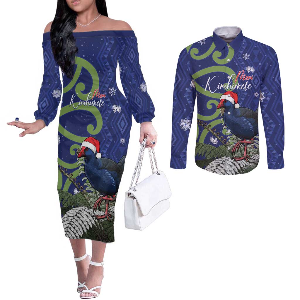 Personalized New Zealand Pukeko Christmas Couples Matching Off The Shoulder Long Sleeve Dress and Long Sleeve Button Shirt Meri Kirihimete Taniko Ponga Koru Blue - Aussie Hoodie