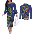 Personalized New Zealand Pukeko Christmas Couples Matching Off The Shoulder Long Sleeve Dress and Long Sleeve Button Shirt Meri Kirihimete Taniko Ponga Koru Blue - Aussie Hoodie