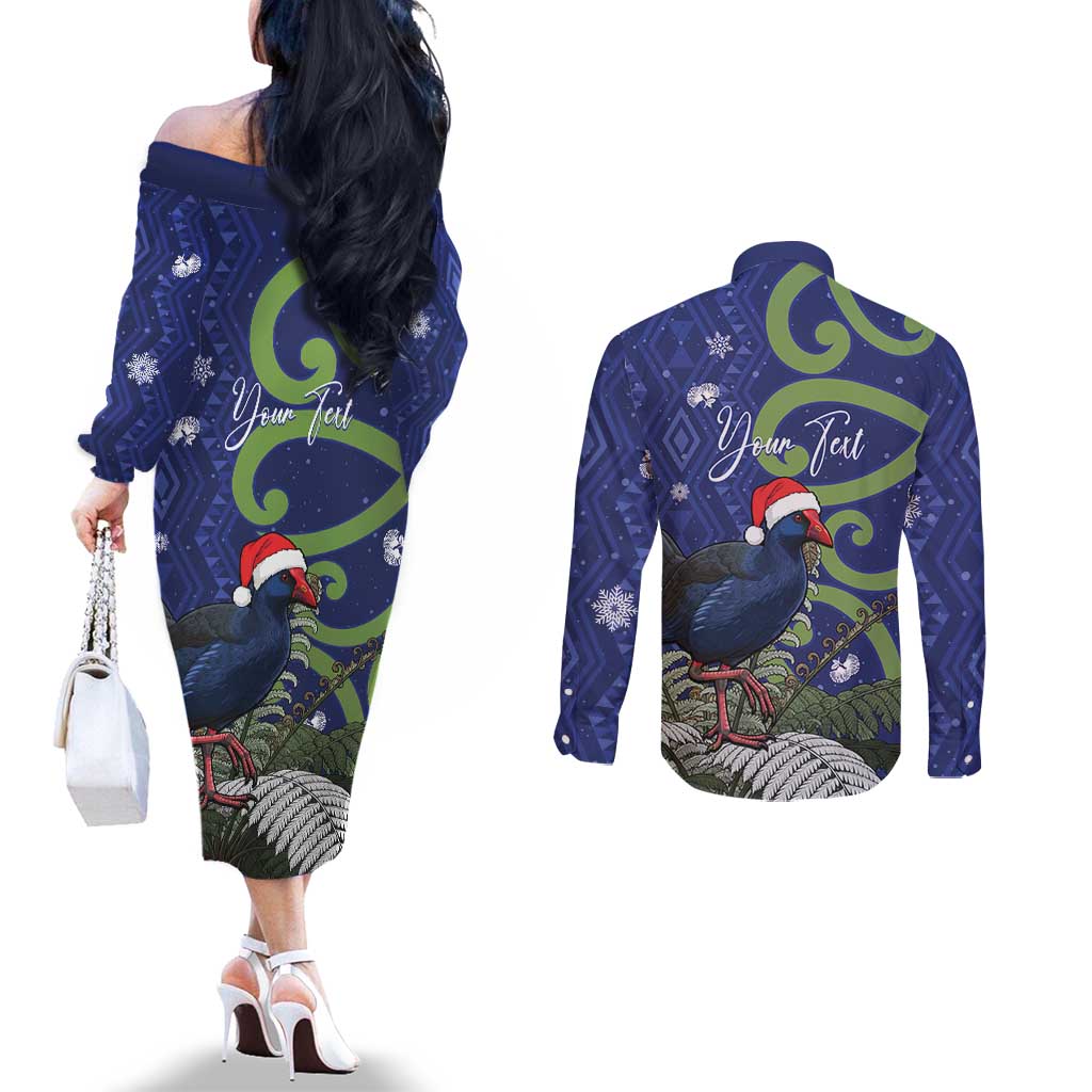 Personalized New Zealand Pukeko Christmas Couples Matching Off The Shoulder Long Sleeve Dress and Long Sleeve Button Shirt Meri Kirihimete Taniko Ponga Koru Blue - Aussie Hoodie
