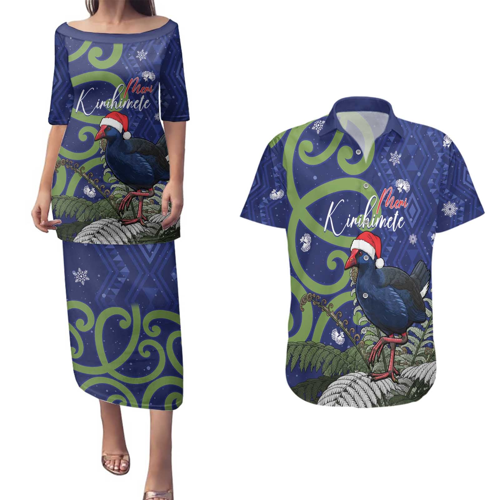 Personalized New Zealand Pukeko Christmas Couples Matching Puletasi and Hawaiian Shirt Meri Kirihimete Taniko Ponga Koru Blue - Aussie Hoodie
