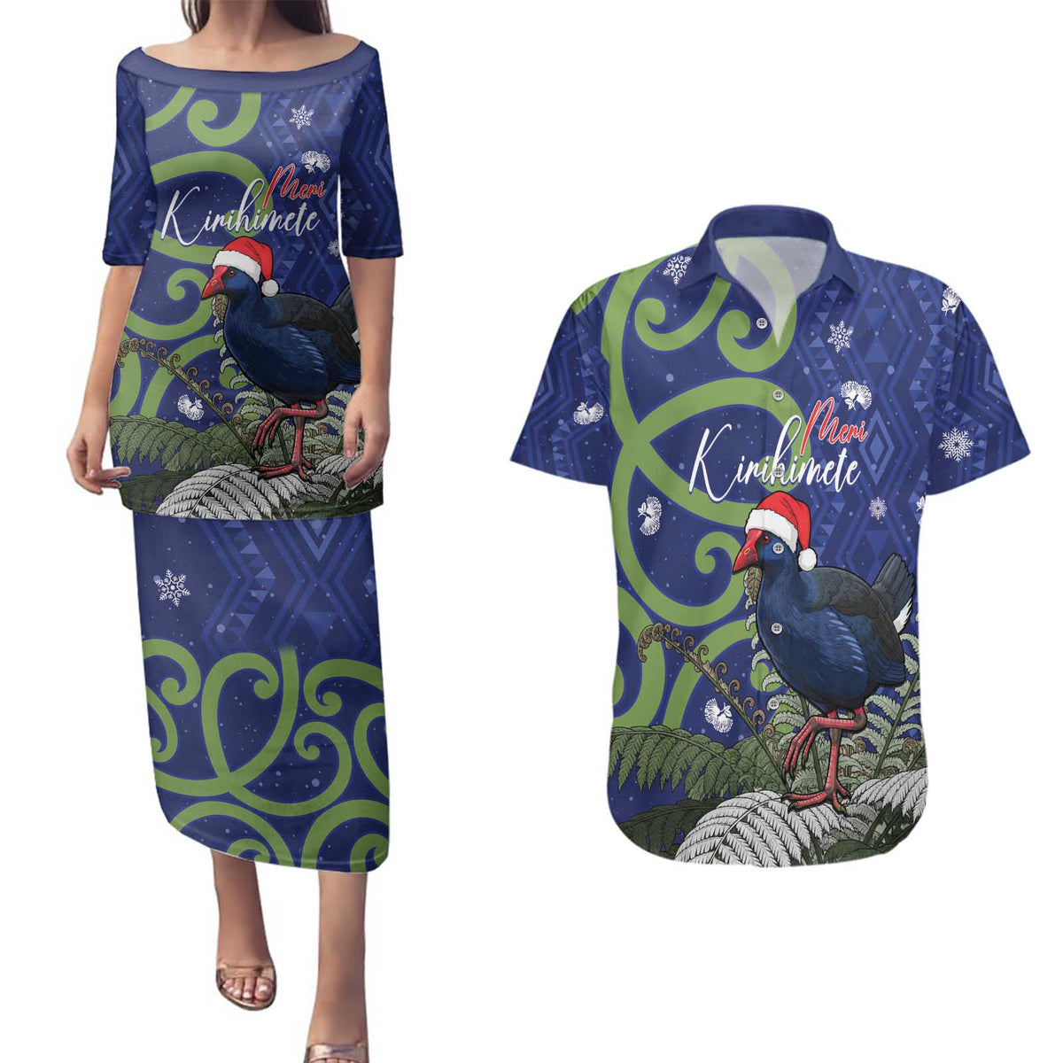 Personalized New Zealand Pukeko Christmas Couples Matching Puletasi and Hawaiian Shirt Meri Kirihimete Taniko Ponga Koru Blue - Aussie Hoodie