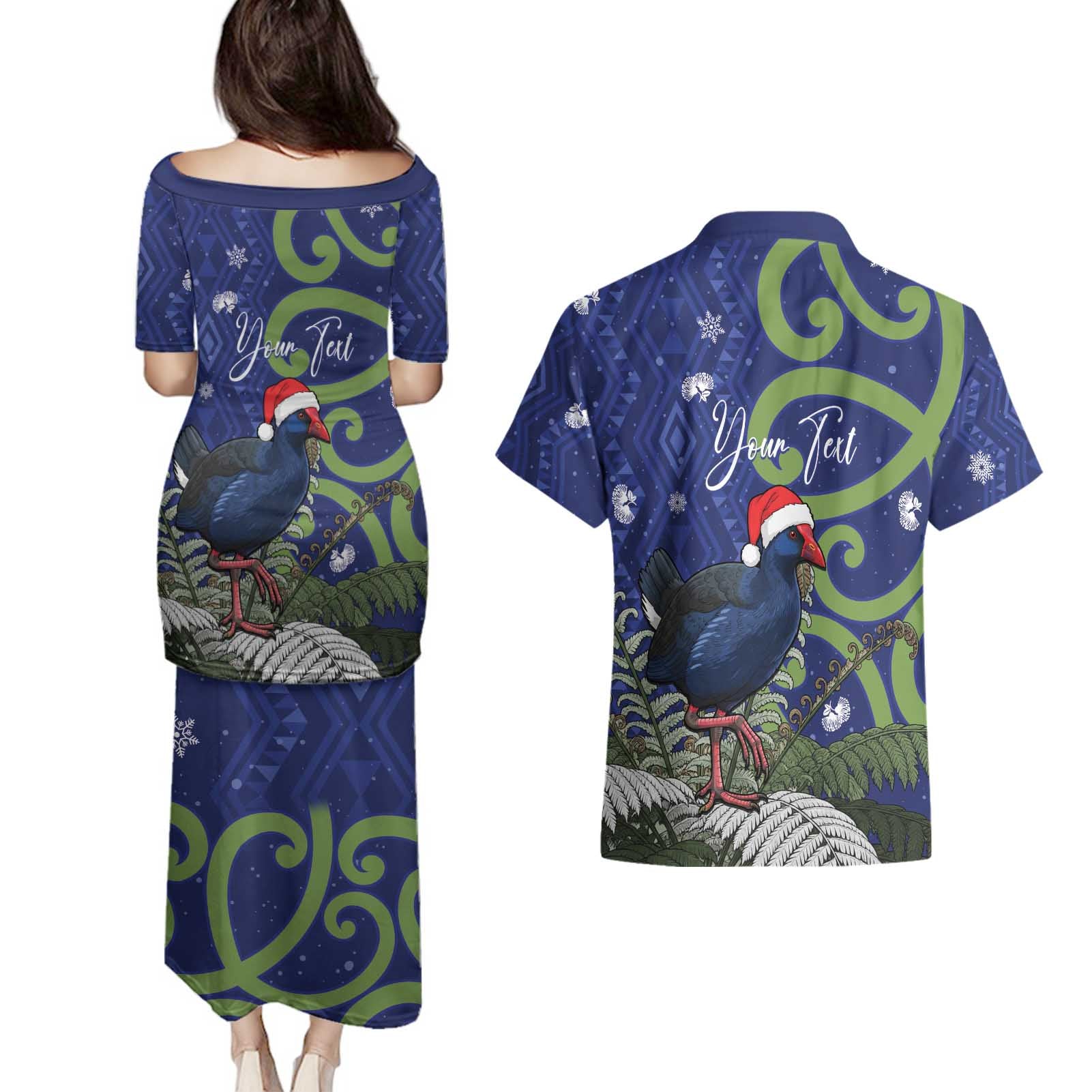 Personalized New Zealand Pukeko Christmas Couples Matching Puletasi and Hawaiian Shirt Meri Kirihimete Taniko Ponga Koru Blue - Aussie Hoodie