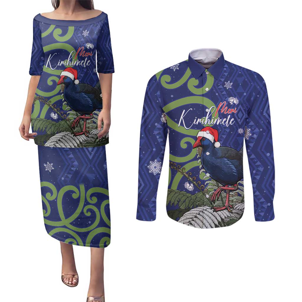Personalized New Zealand Pukeko Christmas Couples Matching Puletasi and Long Sleeve Button Shirt Meri Kirihimete Taniko Ponga Koru Blue - Aussie Hoodie