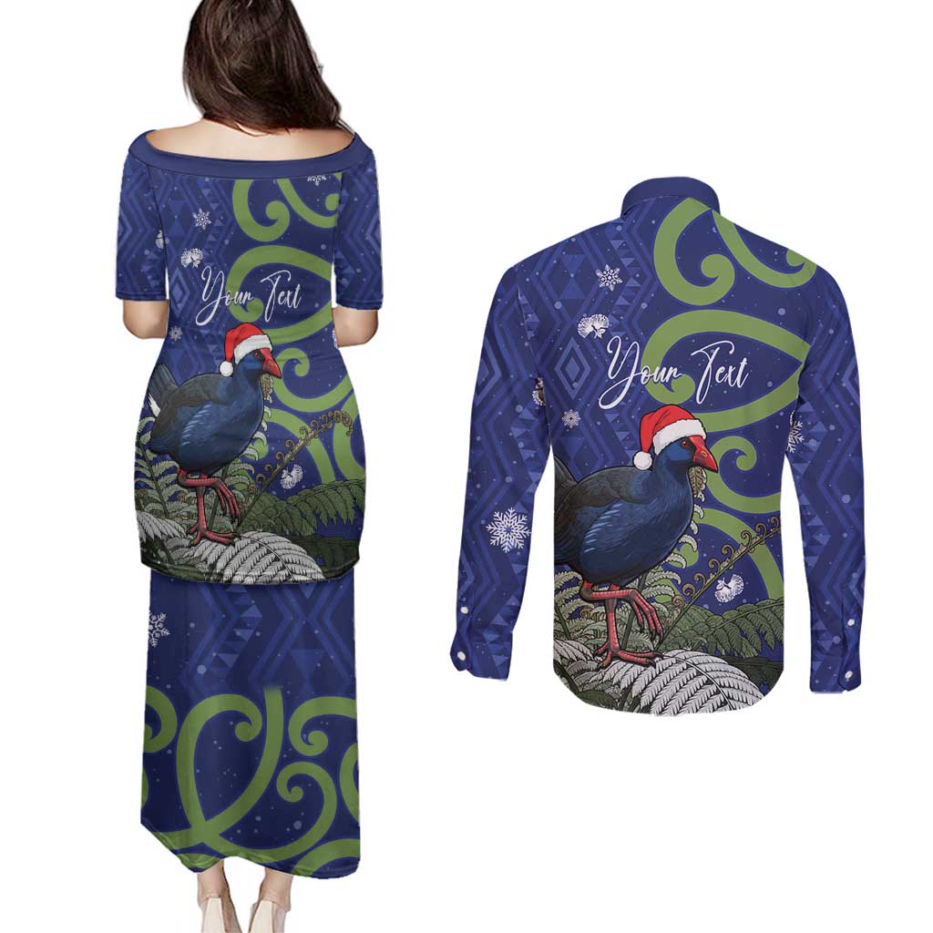 Personalized New Zealand Pukeko Christmas Couples Matching Puletasi and Long Sleeve Button Shirt Meri Kirihimete Taniko Ponga Koru Blue - Aussie Hoodie