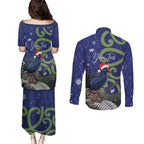 Personalized New Zealand Pukeko Christmas Couples Matching Puletasi and Long Sleeve Button Shirt Meri Kirihimete Taniko Ponga Koru Blue - Aussie Hoodie