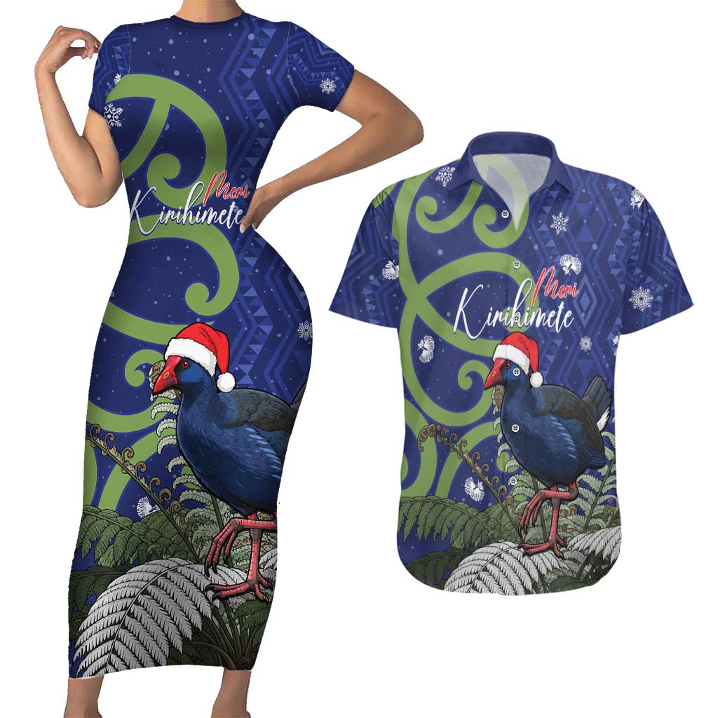 Personalized New Zealand Pukeko Christmas Couples Matching Short Sleeve Bodycon Dress and Hawaiian Shirt Meri Kirihimete Taniko Ponga Koru Blue - Aussie Hoodie
