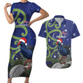 Personalized New Zealand Pukeko Christmas Couples Matching Short Sleeve Bodycon Dress and Hawaiian Shirt Meri Kirihimete Taniko Ponga Koru Blue - Aussie Hoodie