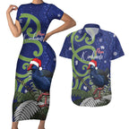 Personalized New Zealand Pukeko Christmas Couples Matching Short Sleeve Bodycon Dress and Hawaiian Shirt Meri Kirihimete Taniko Ponga Koru Blue - Aussie Hoodie