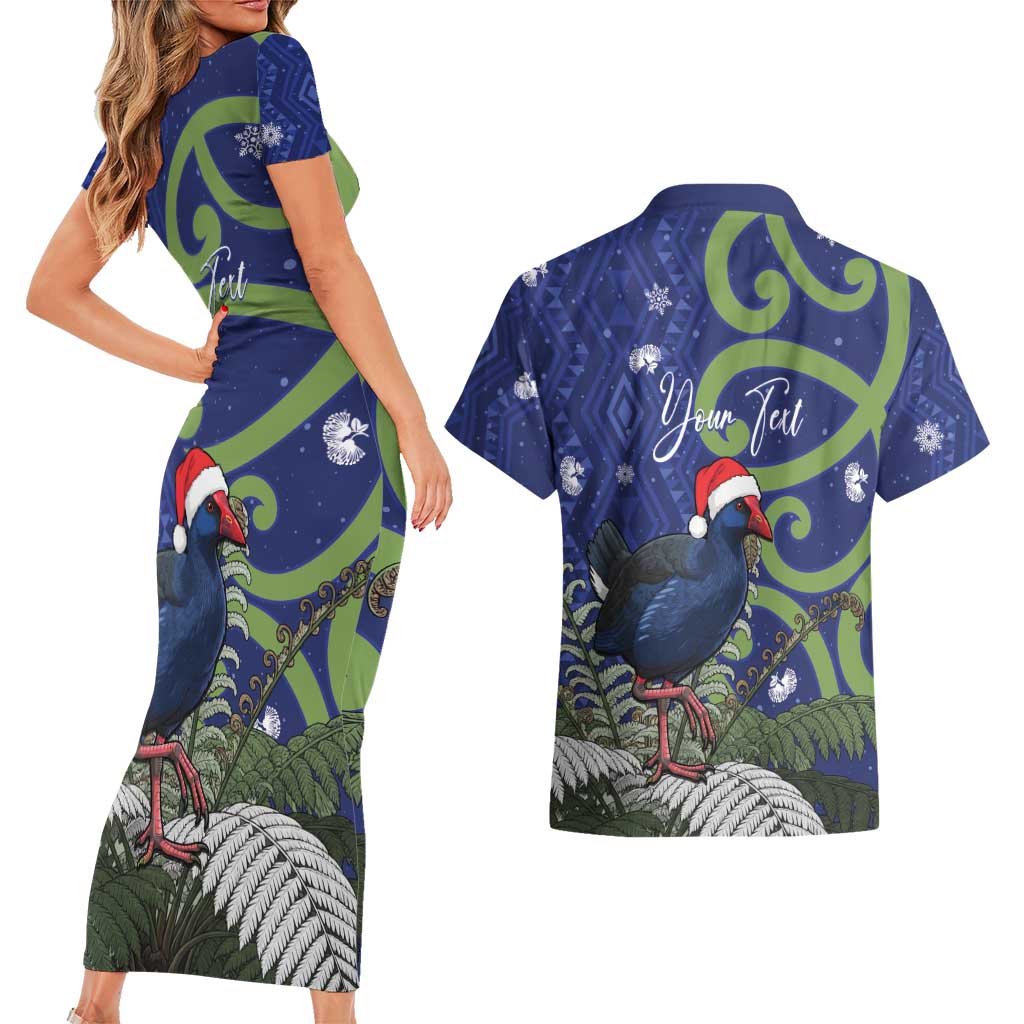 Personalized New Zealand Pukeko Christmas Couples Matching Short Sleeve Bodycon Dress and Hawaiian Shirt Meri Kirihimete Taniko Ponga Koru Blue - Aussie Hoodie