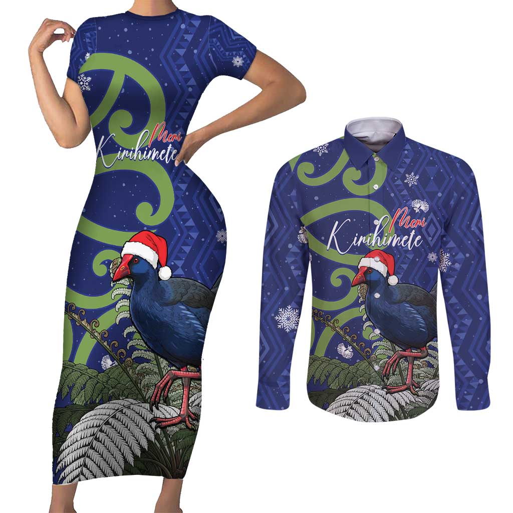 Personalized New Zealand Pukeko Christmas Couples Matching Short Sleeve Bodycon Dress and Long Sleeve Button Shirt Meri Kirihimete Taniko Ponga Koru Blue - Aussie Hoodie