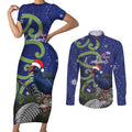 Personalized New Zealand Pukeko Christmas Couples Matching Short Sleeve Bodycon Dress and Long Sleeve Button Shirt Meri Kirihimete Taniko Ponga Koru Blue - Aussie Hoodie