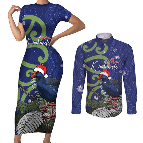 Personalized New Zealand Pukeko Christmas Couples Matching Short Sleeve Bodycon Dress and Long Sleeve Button Shirt Meri Kirihimete Taniko Ponga Koru Blue - Aussie Hoodie