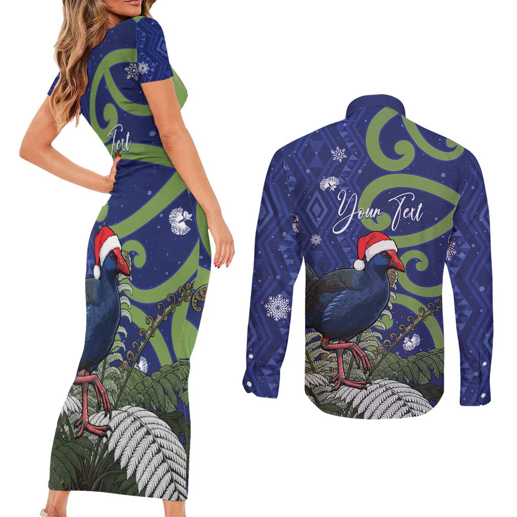 Personalized New Zealand Pukeko Christmas Couples Matching Short Sleeve Bodycon Dress and Long Sleeve Button Shirt Meri Kirihimete Taniko Ponga Koru Blue - Aussie Hoodie