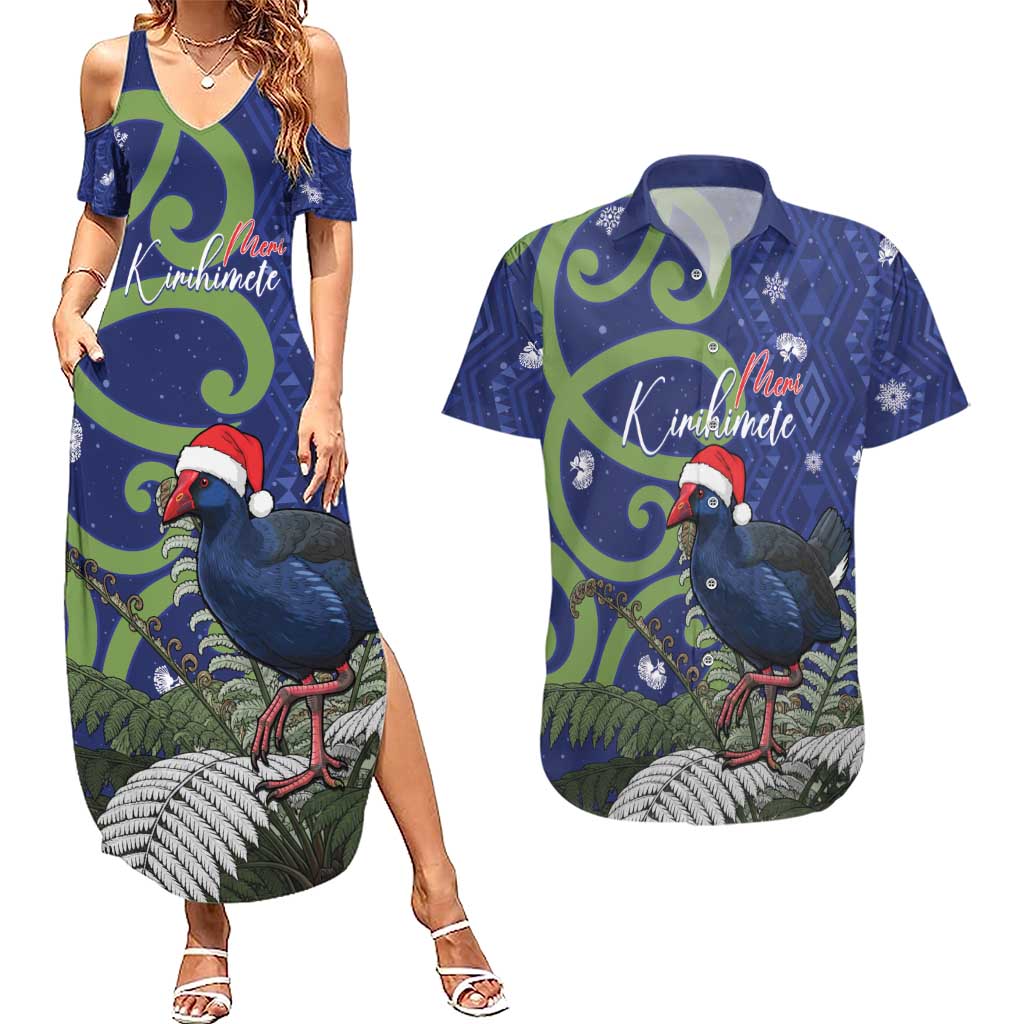 Personalized New Zealand Pukeko Christmas Couples Matching Summer Maxi Dress and Hawaiian Shirt Meri Kirihimete Taniko Ponga Koru Blue - Aussie Hoodie