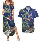 Personalized New Zealand Pukeko Christmas Couples Matching Summer Maxi Dress and Hawaiian Shirt Meri Kirihimete Taniko Ponga Koru Blue - Aussie Hoodie