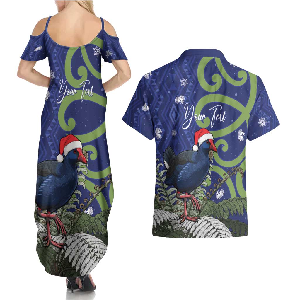 Personalized New Zealand Pukeko Christmas Couples Matching Summer Maxi Dress and Hawaiian Shirt Meri Kirihimete Taniko Ponga Koru Blue - Aussie Hoodie